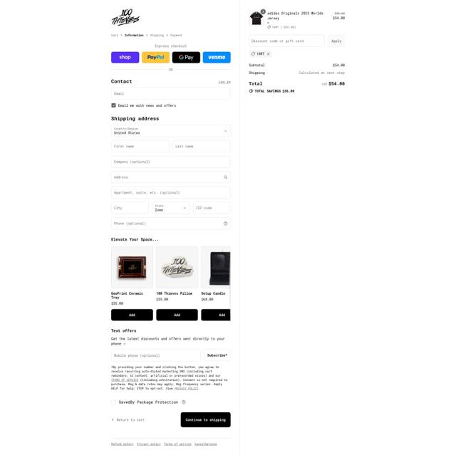 100 Thieves checkout page showing 100 Thieves discount code box | Screenshot taken by SimplyCodes community member on Sep 8, 2025