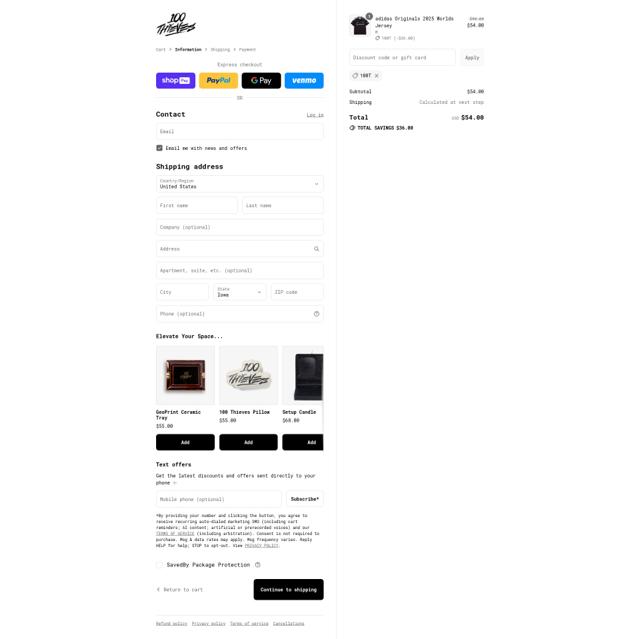 100 Thieves checkout page showing 100 Thieves discount code box | Screenshot taken by SimplyCodes community member on Aug 22, 2025
