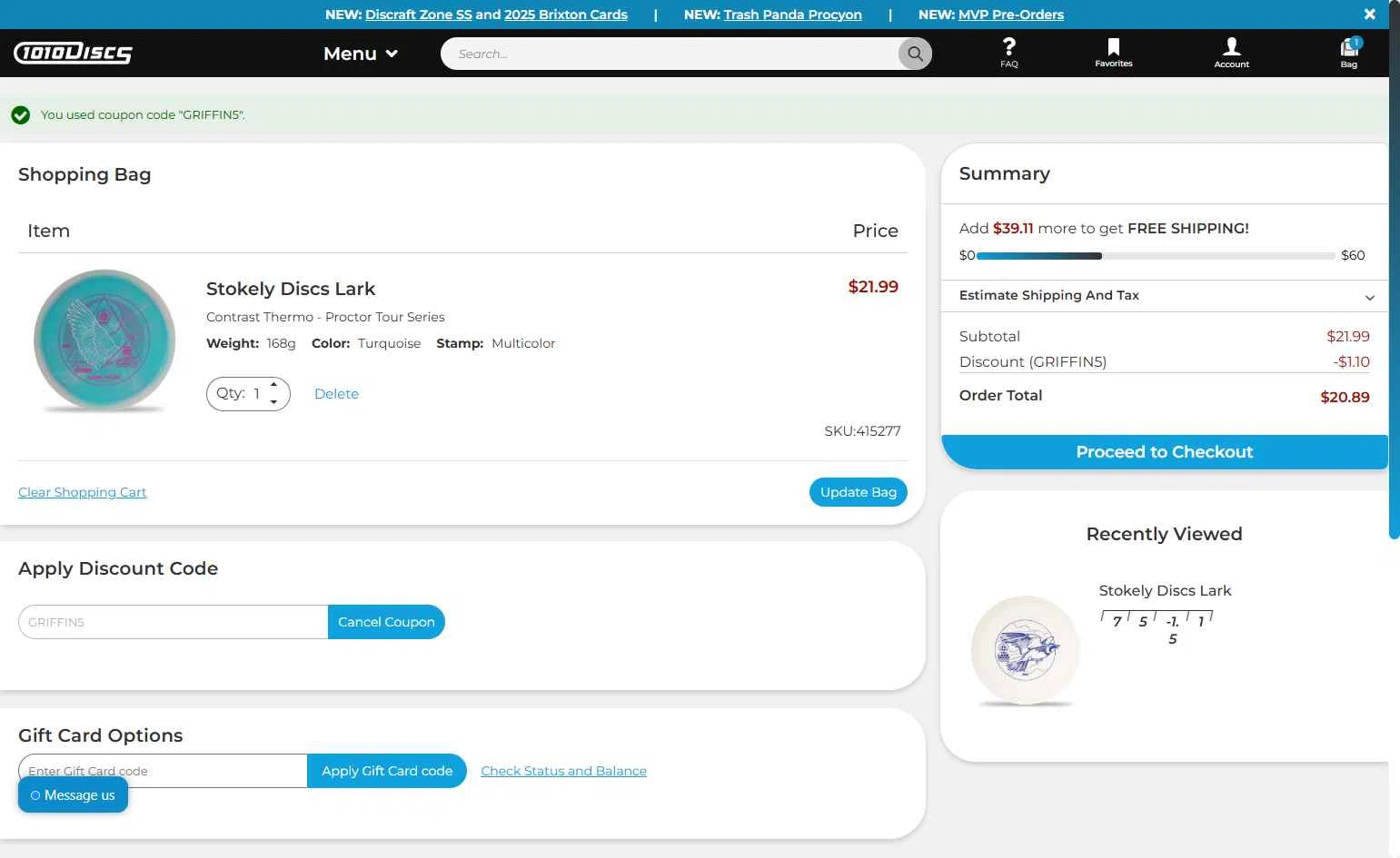 1010 Discs checkout page showing 1010 Discs discount code box | Screenshot taken by SimplyCodes community member on Sep 11, 2025