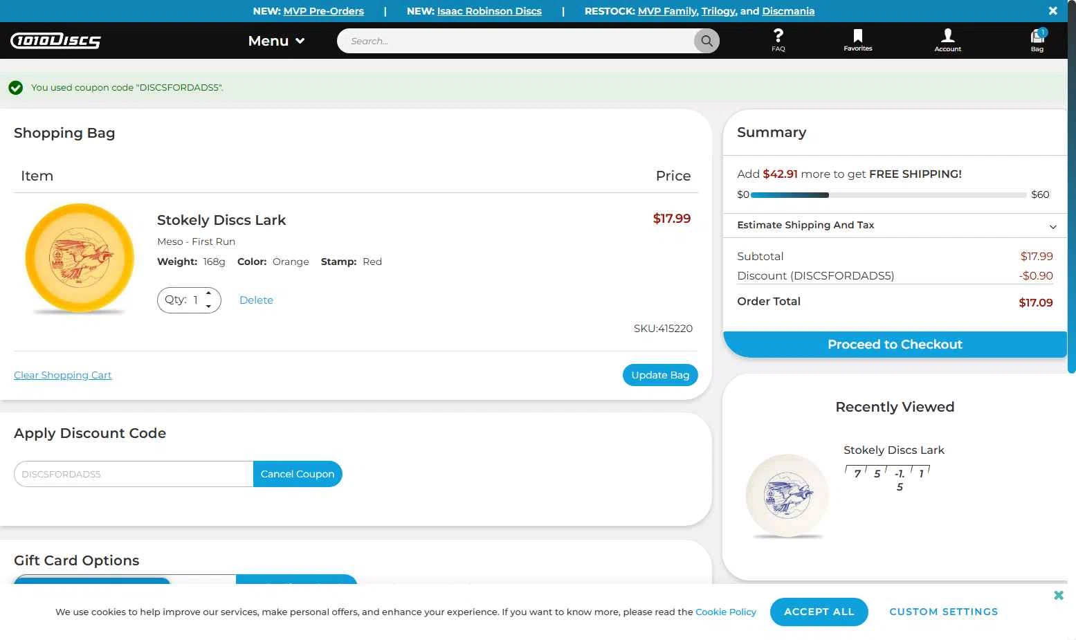 1010 Discs checkout page showing 1010 Discs discount code box | Screenshot taken by SimplyCodes community member on Aug 13, 2025