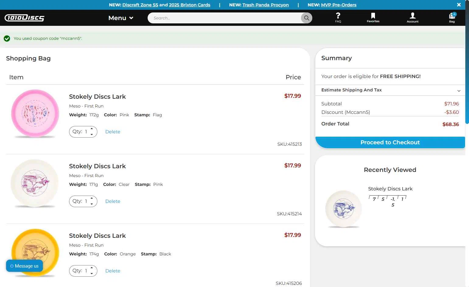 1010 Discs checkout page showing 1010 Discs discount code box | Screenshot taken by SimplyCodes community member on Sep 11, 2025