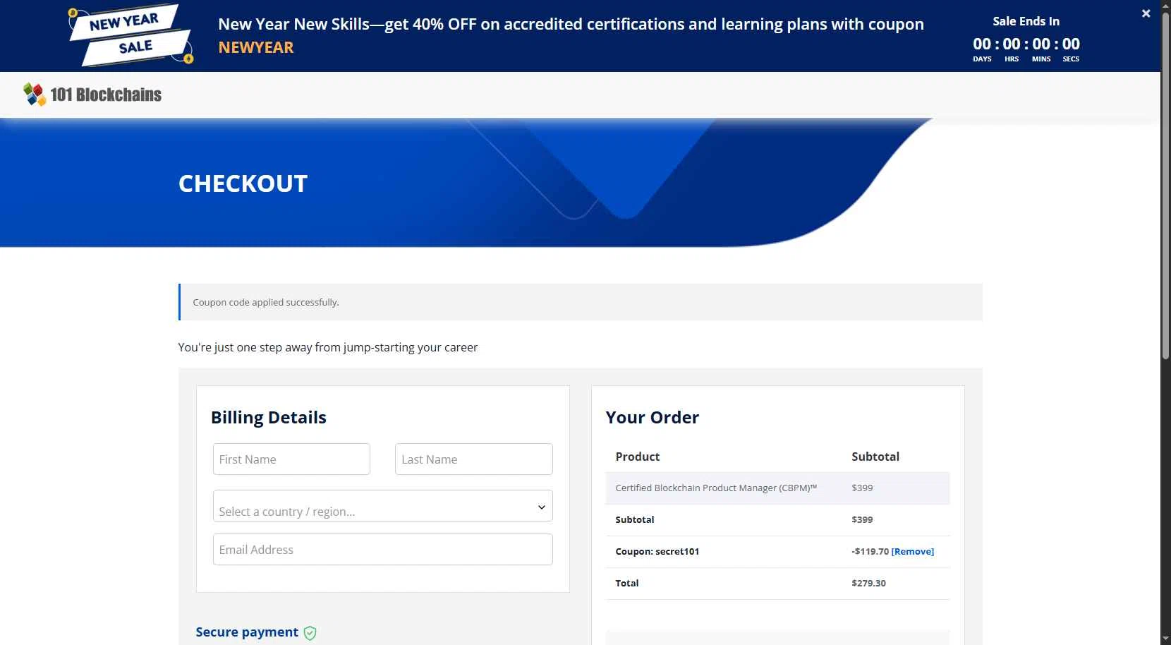 101 Blockchains checkout page showing 101 Blockchains promo code box | Screenshot taken by SimplyCodes community member on Jan 2, 2026