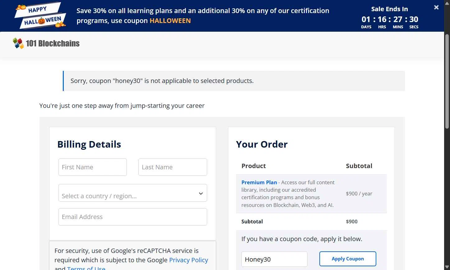 101 Blockchains checkout page showing 101 Blockchains promo code box | Screenshot taken by SimplyCodes community member on Nov 3, 2025