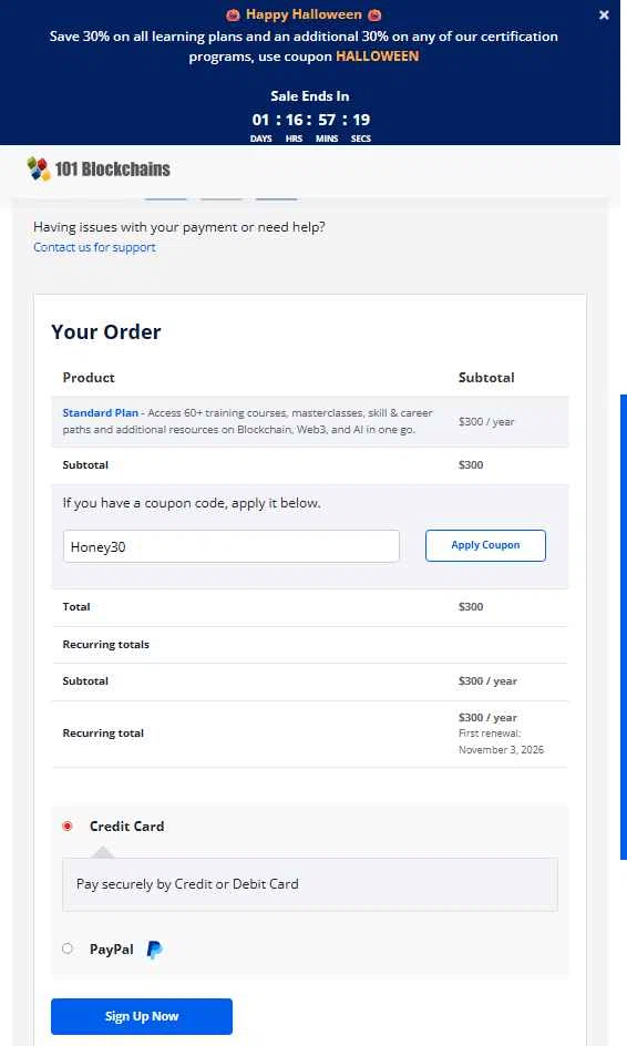 101 Blockchains checkout page showing 101 Blockchains promo code box | Screenshot taken by SimplyCodes community member on Nov 3, 2025