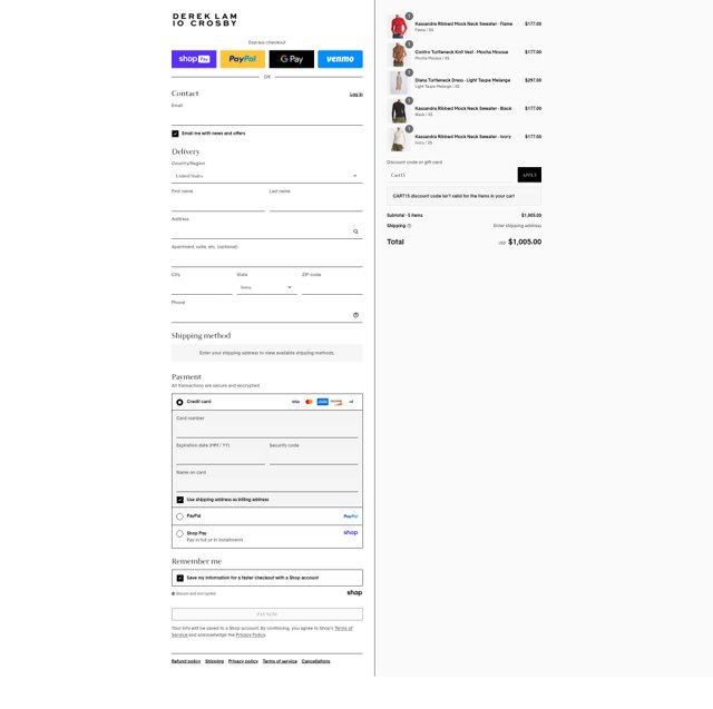 Derek Lam checkout page showing Derek Lam promo code box | Screenshot taken by SimplyCodes community member on Aug 18, 2025