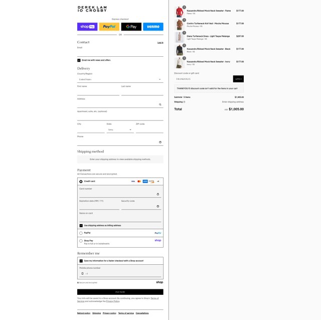 Derek Lam checkout page showing Derek Lam promo code box | Screenshot taken by SimplyCodes community member on Aug 23, 2025