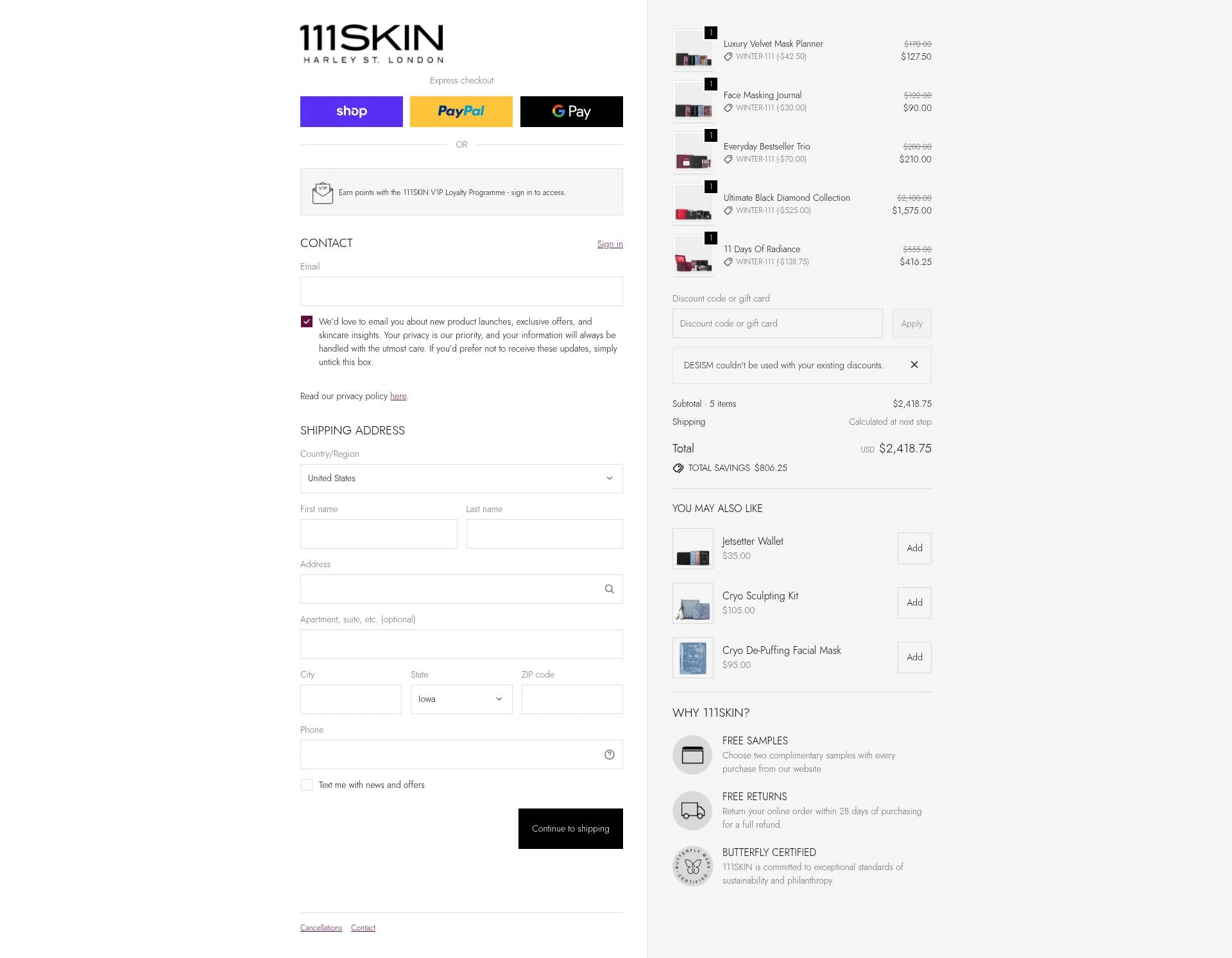 111Skin checkout page showing 111Skin discount code box | Screenshot taken by SimplyCodes community member on Dec 28, 2025