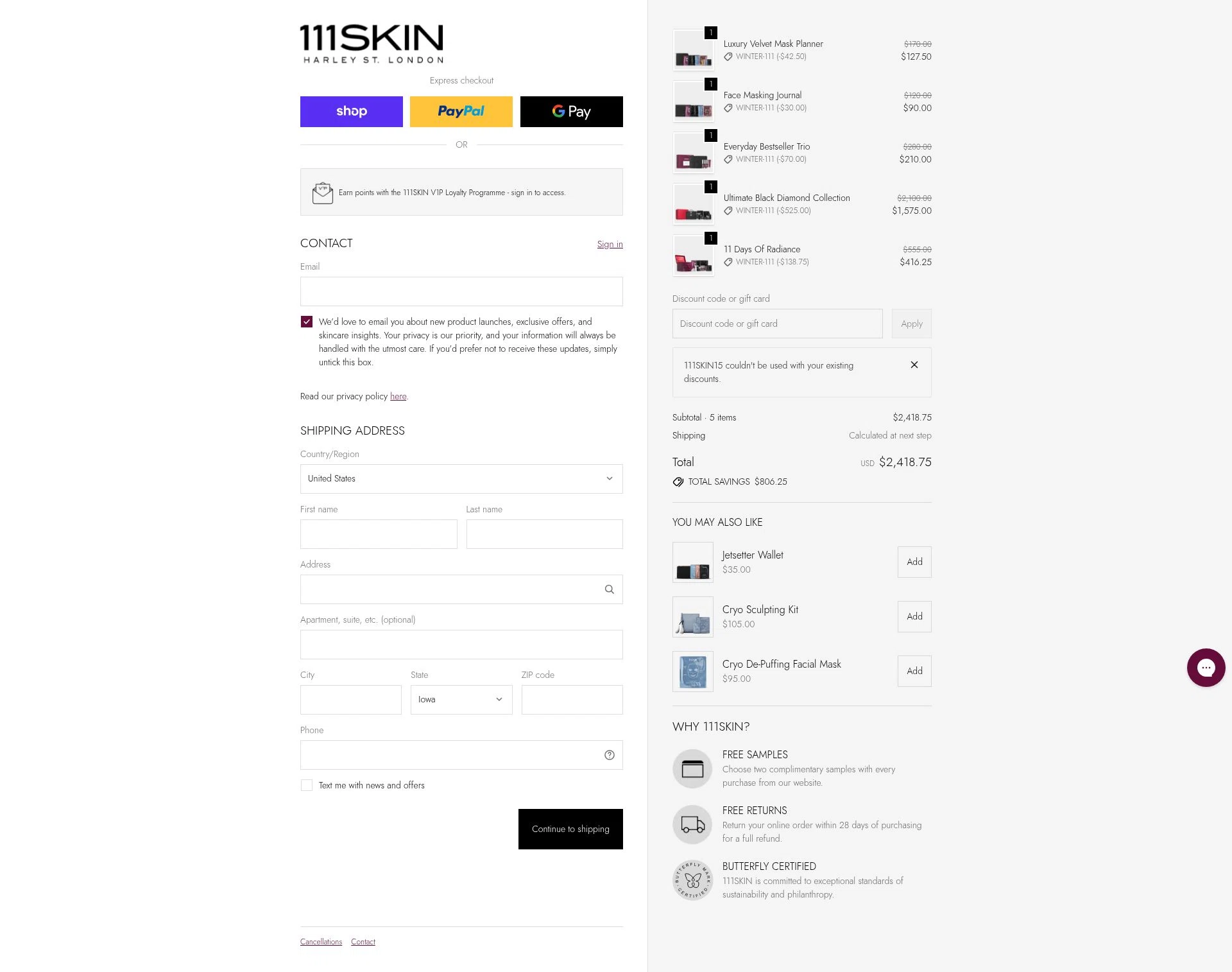111Skin checkout page showing 111Skin discount code box | Screenshot taken by SimplyCodes community member on Dec 28, 2025