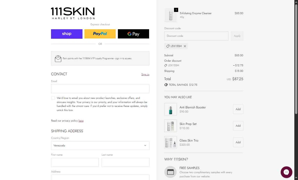 111Skin checkout page showing 111Skin discount code box | Screenshot taken by SimplyCodes community member on Jan 26, 2026