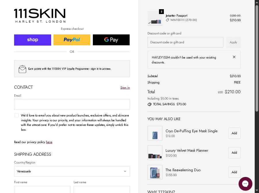111Skin checkout page showing 111Skin discount code box | Screenshot taken by SimplyCodes community member on Dec 28, 2025