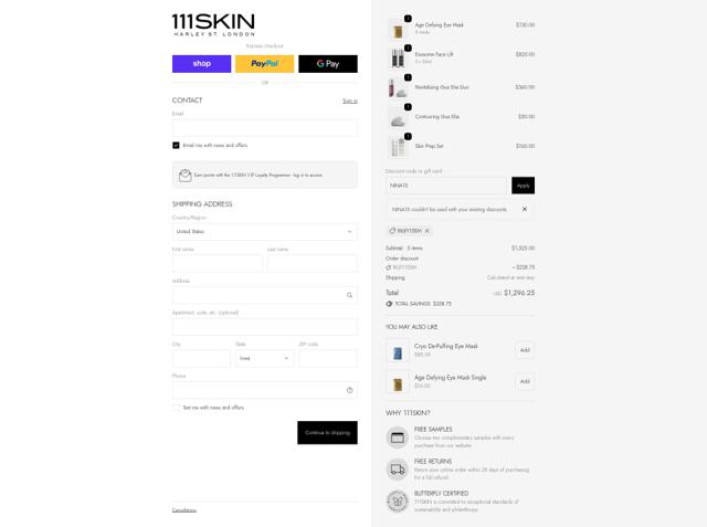 111Skin checkout page showing 111Skin discount code box | Screenshot taken by SimplyCodes community member on Oct 2, 2025