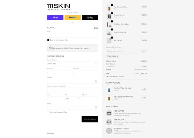 111Skin checkout page showing 111Skin discount code box | Screenshot taken by SimplyCodes community member on Oct 2, 2025