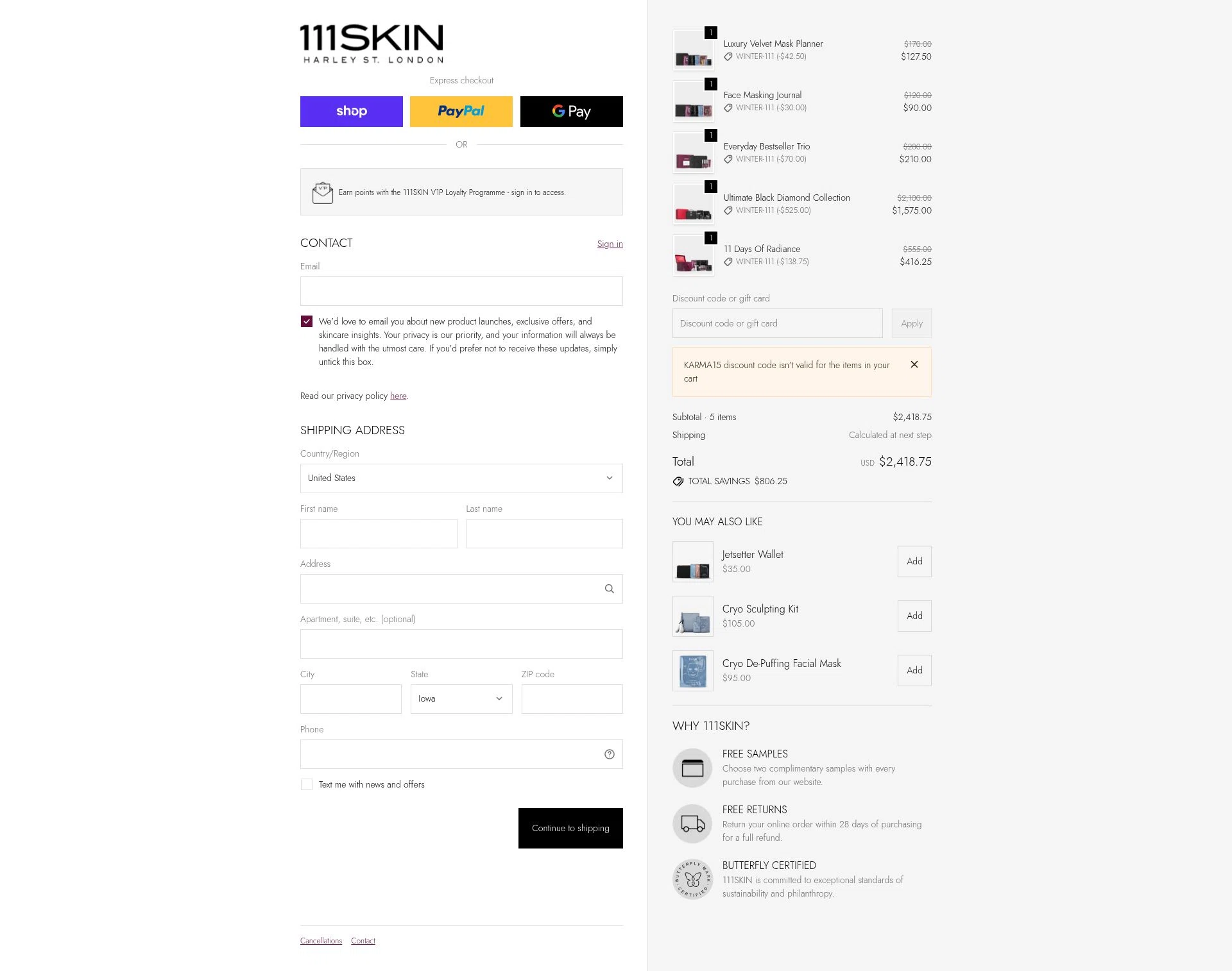 111Skin checkout page showing 111Skin discount code box | Screenshot taken by SimplyCodes community member on Dec 28, 2025