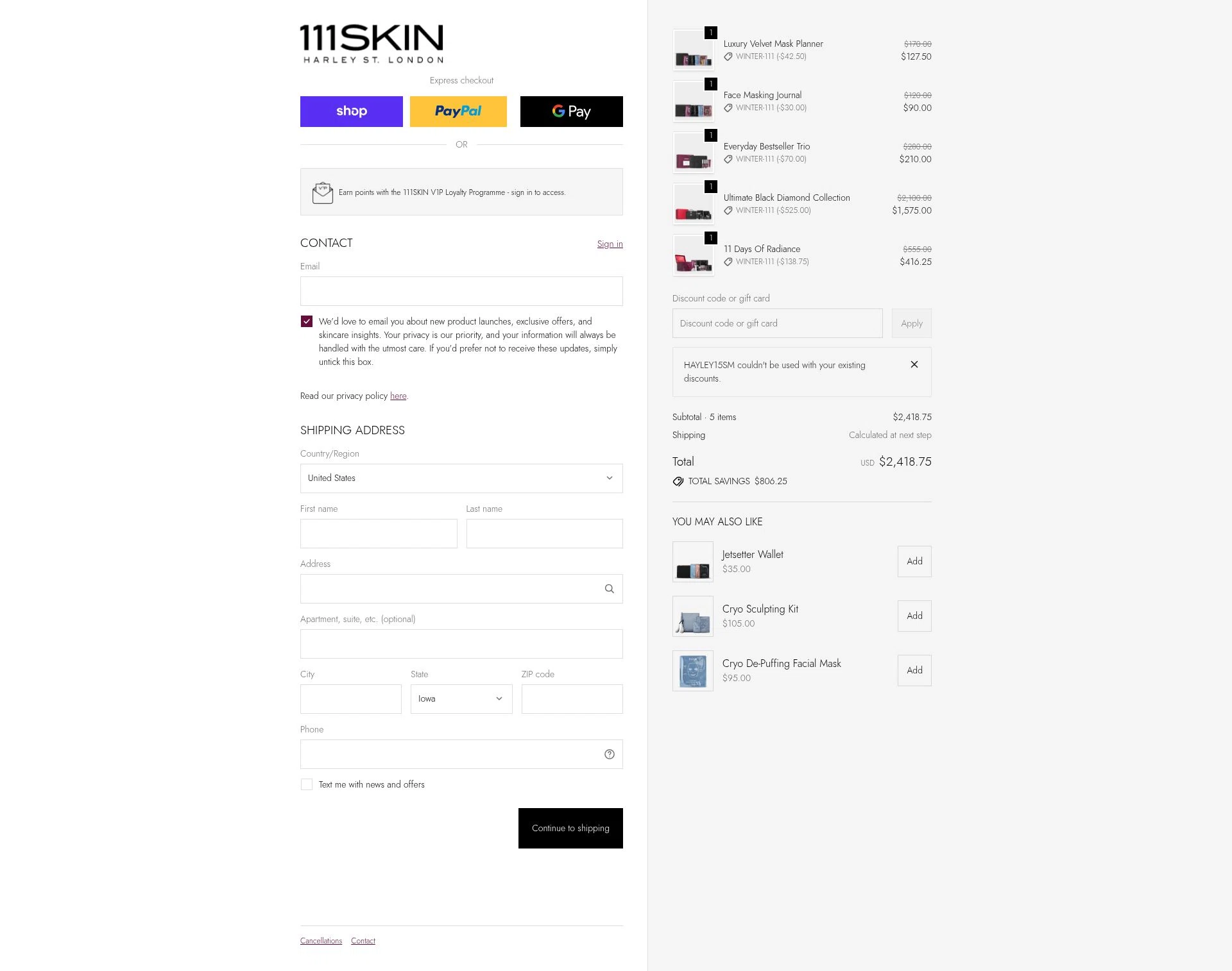 111Skin checkout page showing 111Skin discount code box | Screenshot taken by SimplyCodes community member on Dec 28, 2025
