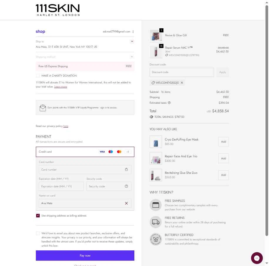 111Skin checkout page showing 111Skin discount code box | Screenshot taken by SimplyCodes community member on Jan 26, 2026