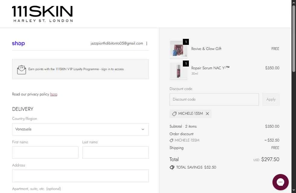 111Skin checkout page showing 111Skin discount code box | Screenshot taken by SimplyCodes community member on Jan 17, 2026