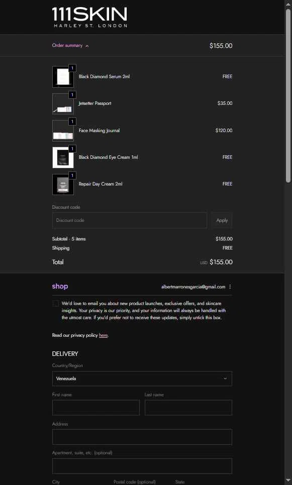 111Skin checkout page showing 111Skin discount code box | Screenshot taken by SimplyCodes community member on Feb 24, 2026