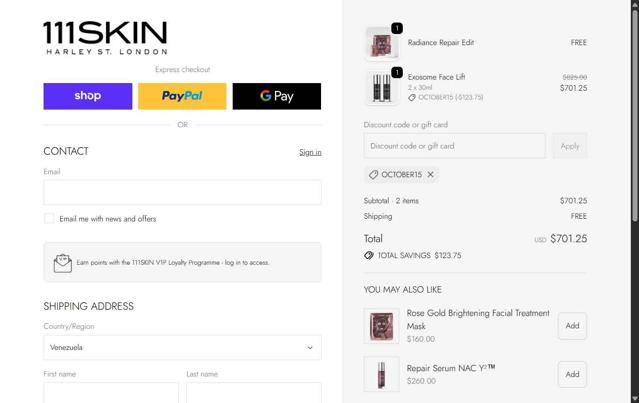 111Skin checkout page showing 111Skin discount code box | Screenshot taken by SimplyCodes community member on Oct 2, 2025