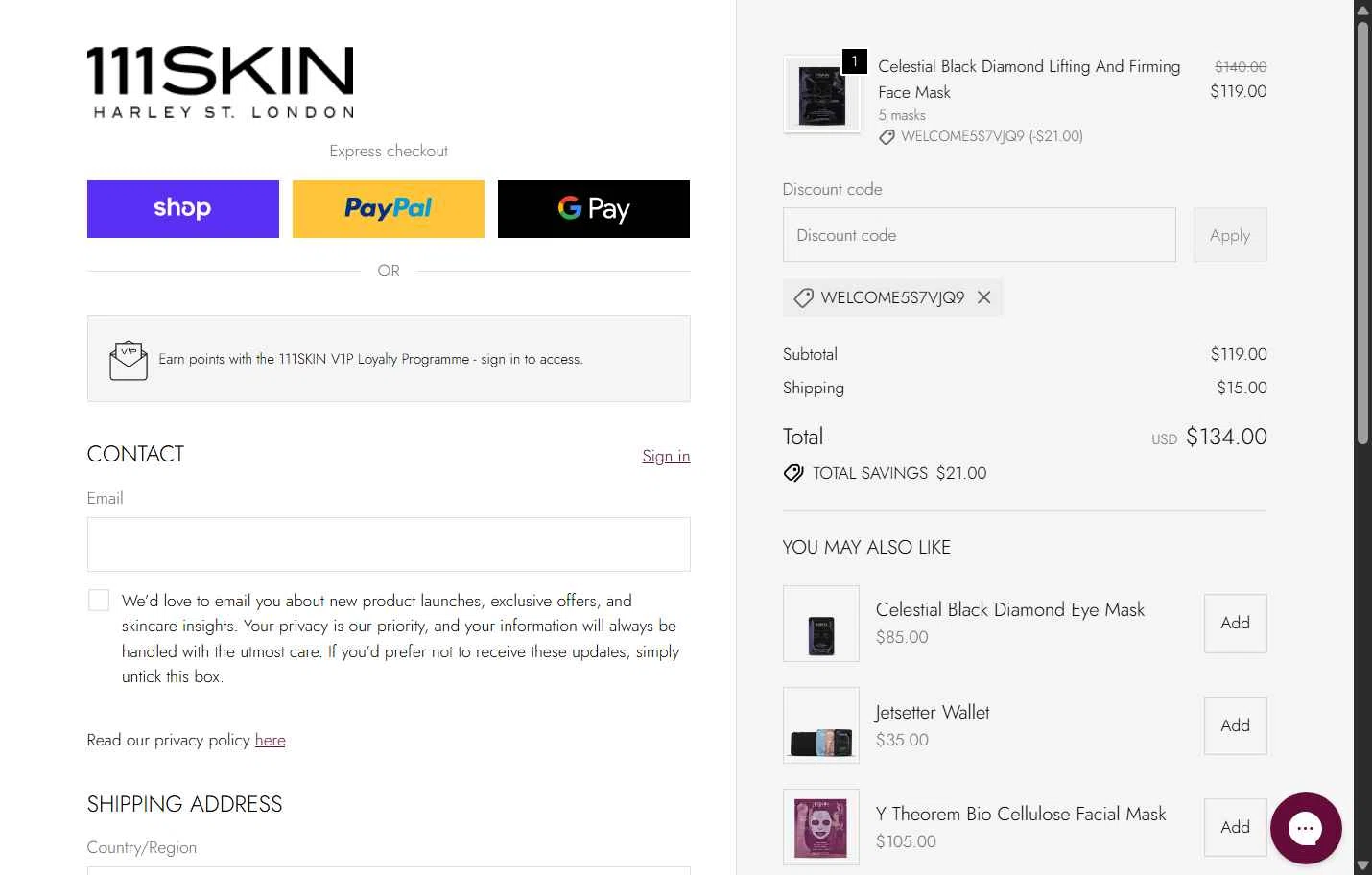 111Skin checkout page showing 111Skin discount code box | Screenshot taken by SimplyCodes community member on Jan 26, 2026