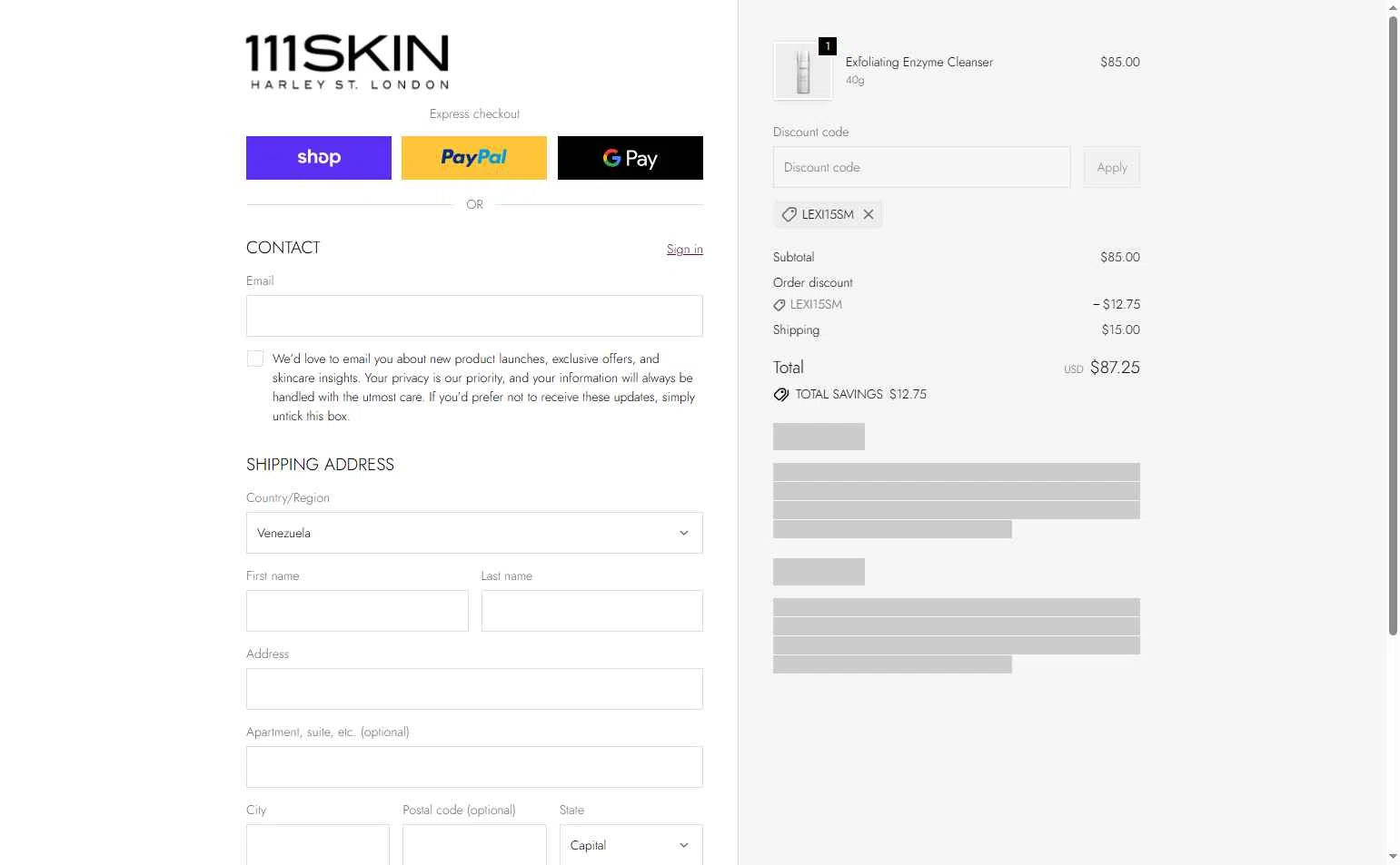 111Skin checkout page showing 111Skin discount code box | Screenshot taken by SimplyCodes community member on Feb 24, 2026