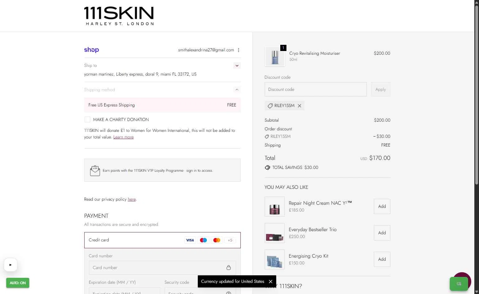 111Skin checkout page showing 111Skin discount code box | Screenshot taken by SimplyCodes community member on Jan 26, 2026