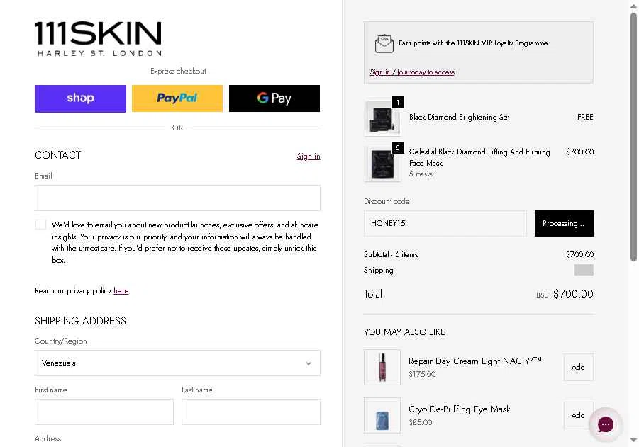 111Skin checkout page showing 111Skin discount code box | Screenshot taken by SimplyCodes community member on Feb 24, 2026