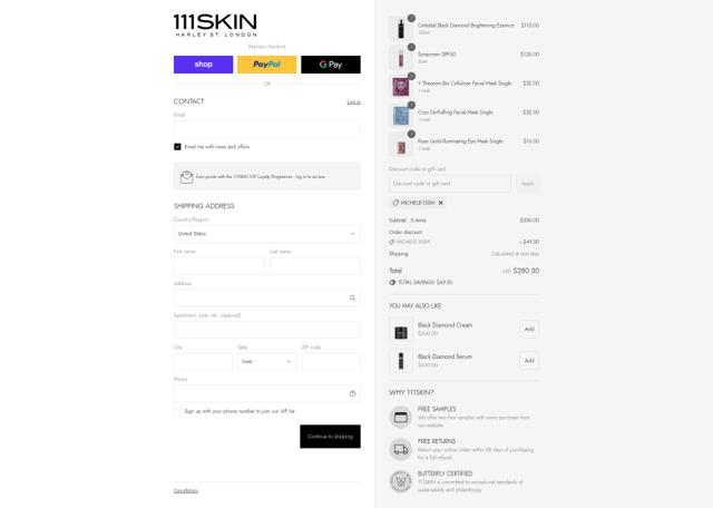 111Skin checkout page showing 111Skin discount code box | Screenshot taken by SimplyCodes community member on Sep 8, 2025