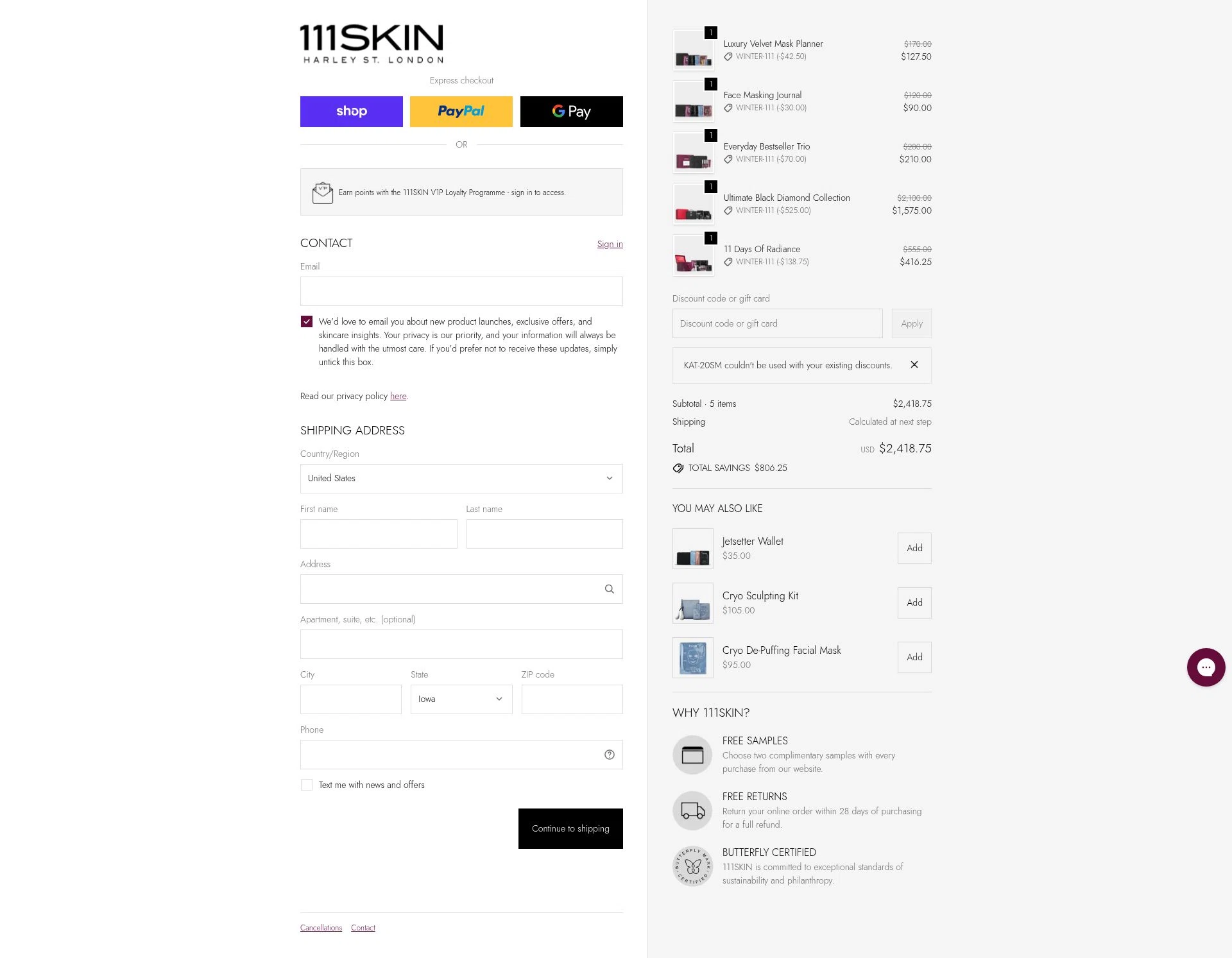 111Skin checkout page showing 111Skin discount code box | Screenshot taken by SimplyCodes community member on Dec 28, 2025