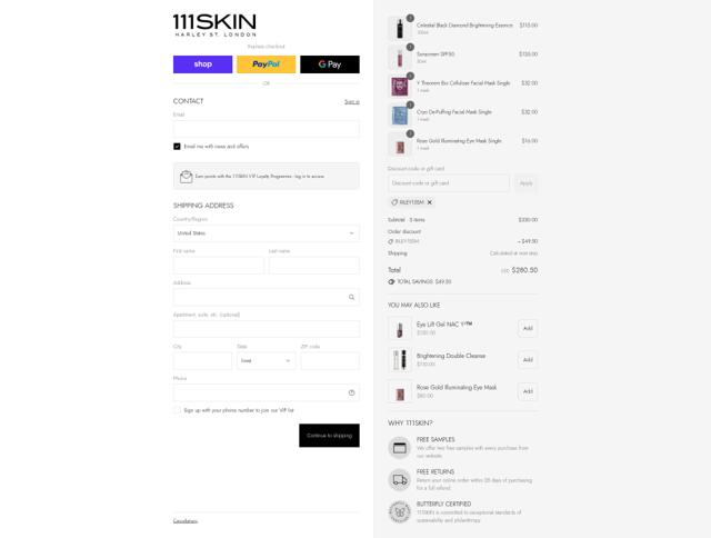 111Skin checkout page showing 111Skin discount code box | Screenshot taken by SimplyCodes community member on Sep 11, 2025
