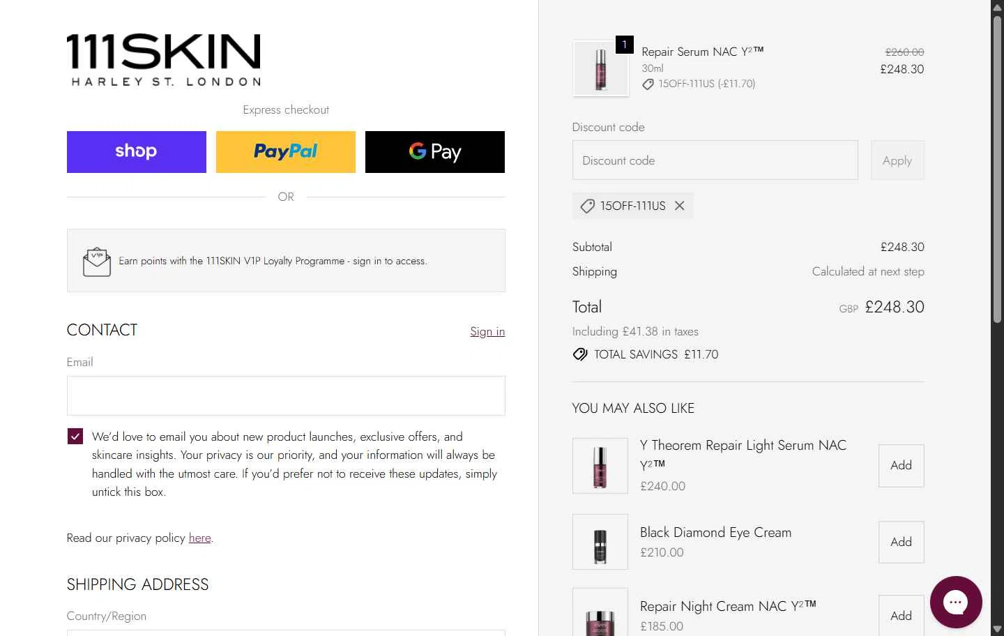 111Skin checkout page showing 111Skin discount code box | Screenshot taken by SimplyCodes community member on Jan 26, 2026