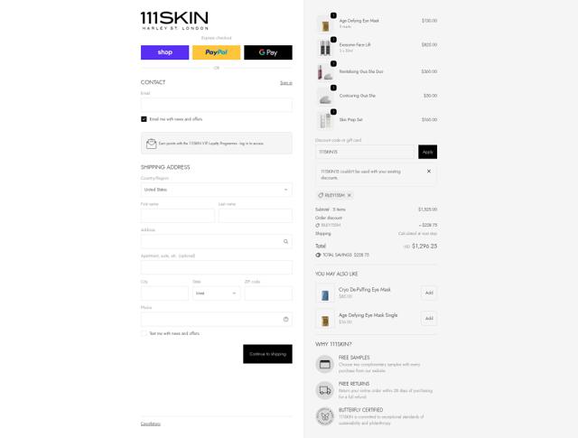 111Skin checkout page showing 111Skin discount code box | Screenshot taken by SimplyCodes community member on Oct 2, 2025