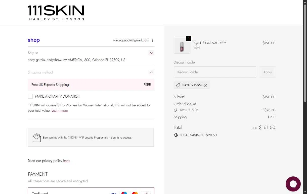 111Skin checkout page showing 111Skin discount code box | Screenshot taken by SimplyCodes community member on Jan 17, 2026