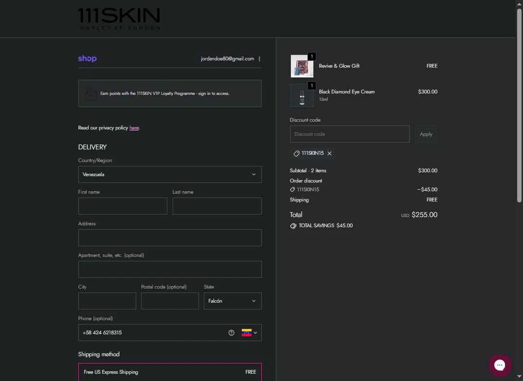 111Skin checkout page showing 111Skin discount code box | Screenshot taken by SimplyCodes community member on Jan 17, 2026