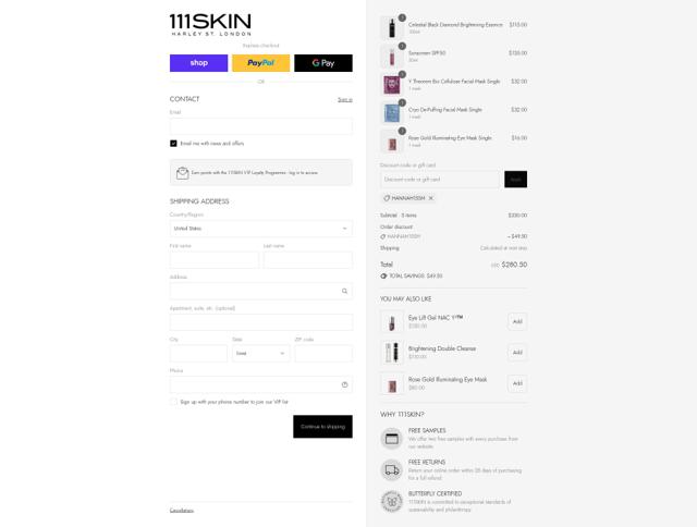 111Skin checkout page showing 111Skin discount code box | Screenshot taken by SimplyCodes community member on Sep 11, 2025