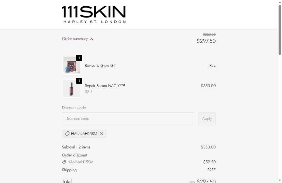 111Skin checkout page showing 111Skin discount code box | Screenshot taken by SimplyCodes community member on Jan 26, 2026