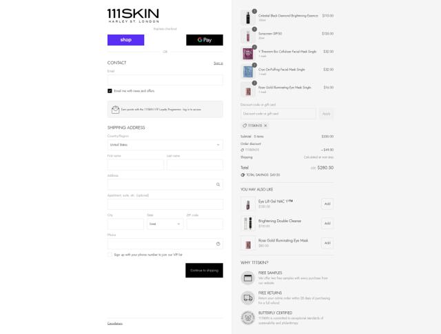 111Skin checkout page showing 111Skin discount code box | Screenshot taken by SimplyCodes community member on Sep 11, 2025