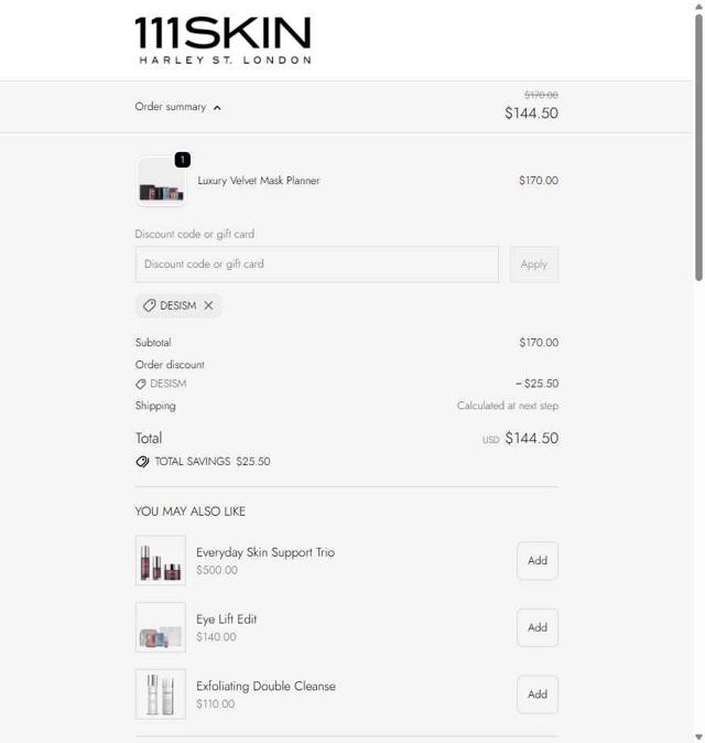 111Skin checkout page showing 111Skin discount code box | Screenshot taken by SimplyCodes community member on Oct 2, 2025