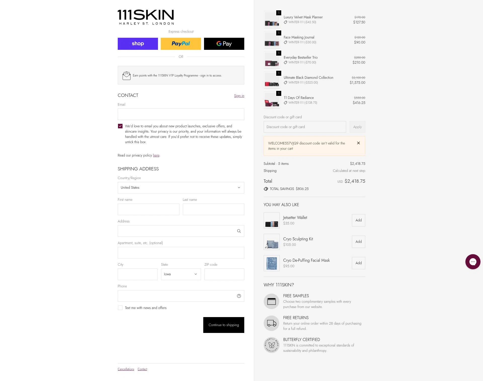 111Skin checkout page showing 111Skin discount code box | Screenshot taken by SimplyCodes community member on Dec 28, 2025