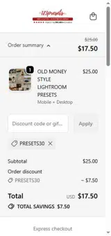 PRESETS30 coupon verification screenshot