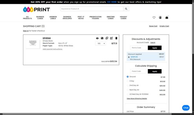 123print checkout page showing 123print promo code box | Screenshot taken by SimplyCodes community member on Aug 3, 2025
