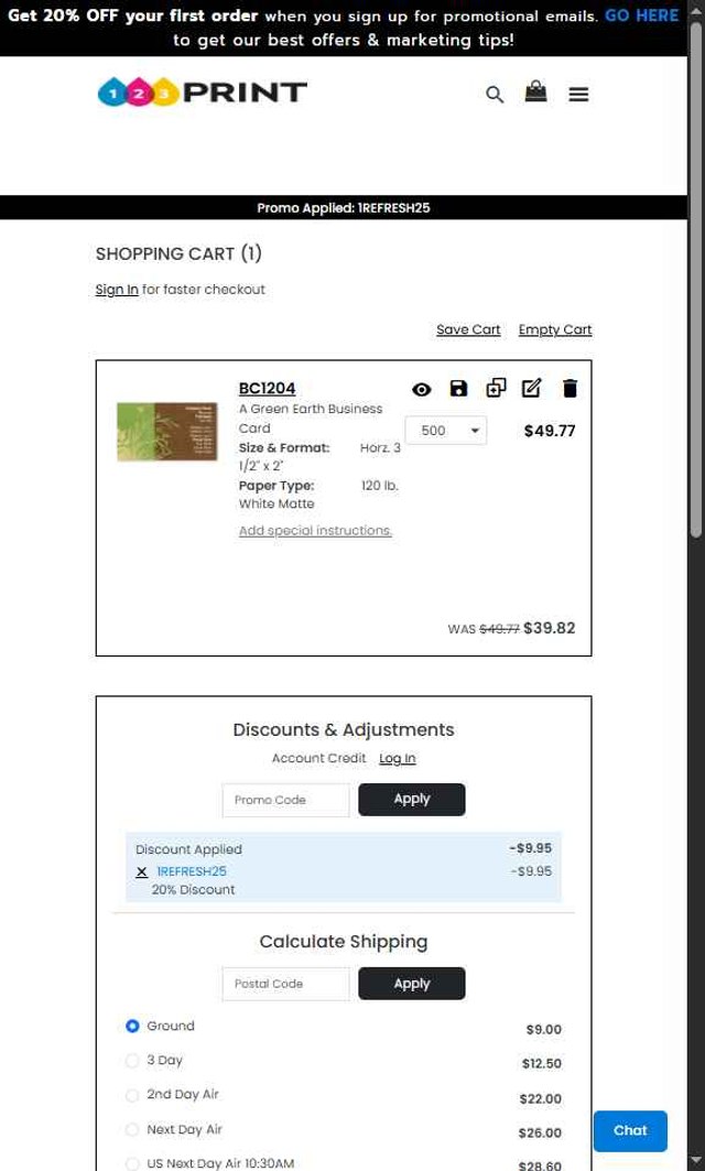 123print checkout page showing 123print promo code box | Screenshot taken by SimplyCodes community member on Aug 30, 2025