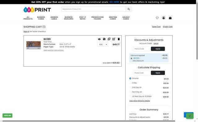 123print checkout page showing 123print promo code box | Screenshot taken by SimplyCodes community member on Sep 2, 2025