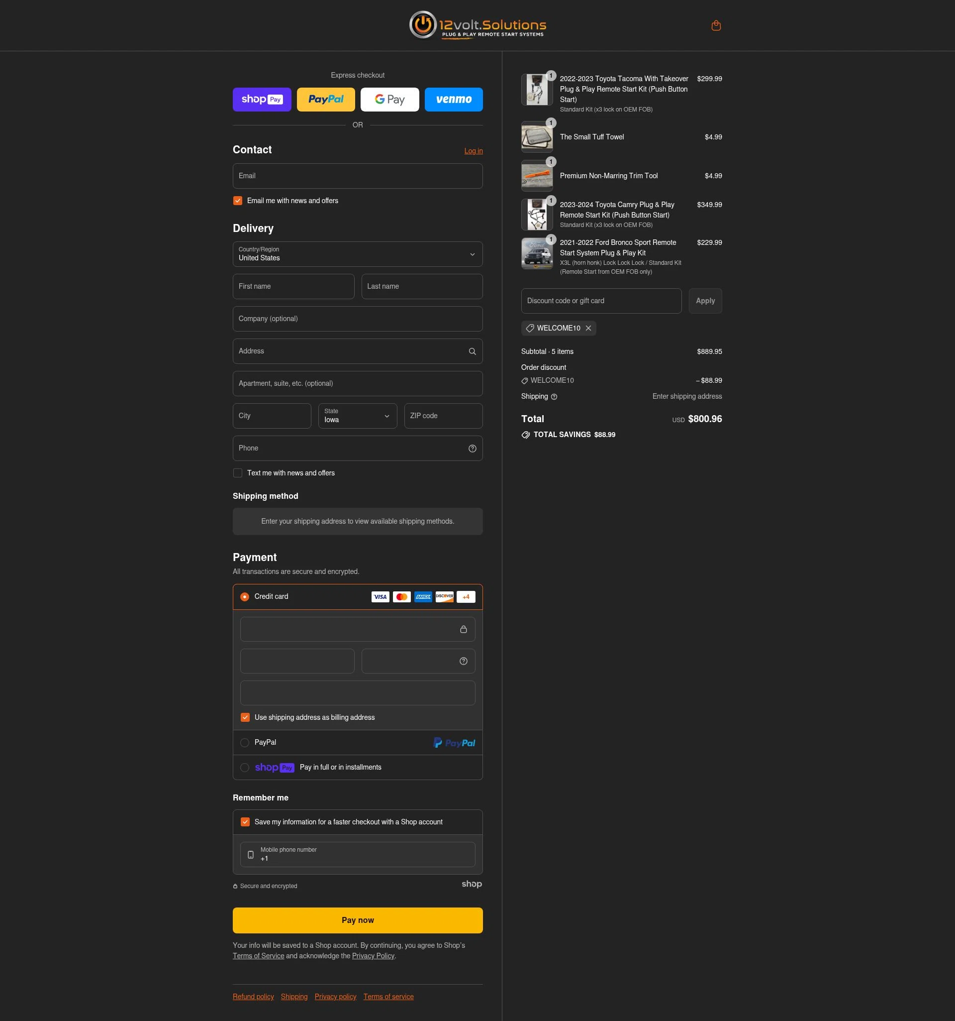 12Volt.Solutions checkout page showing 12Volt.Solutions promo code box | Screenshot taken by SimplyCodes community member on Aug 8, 2025