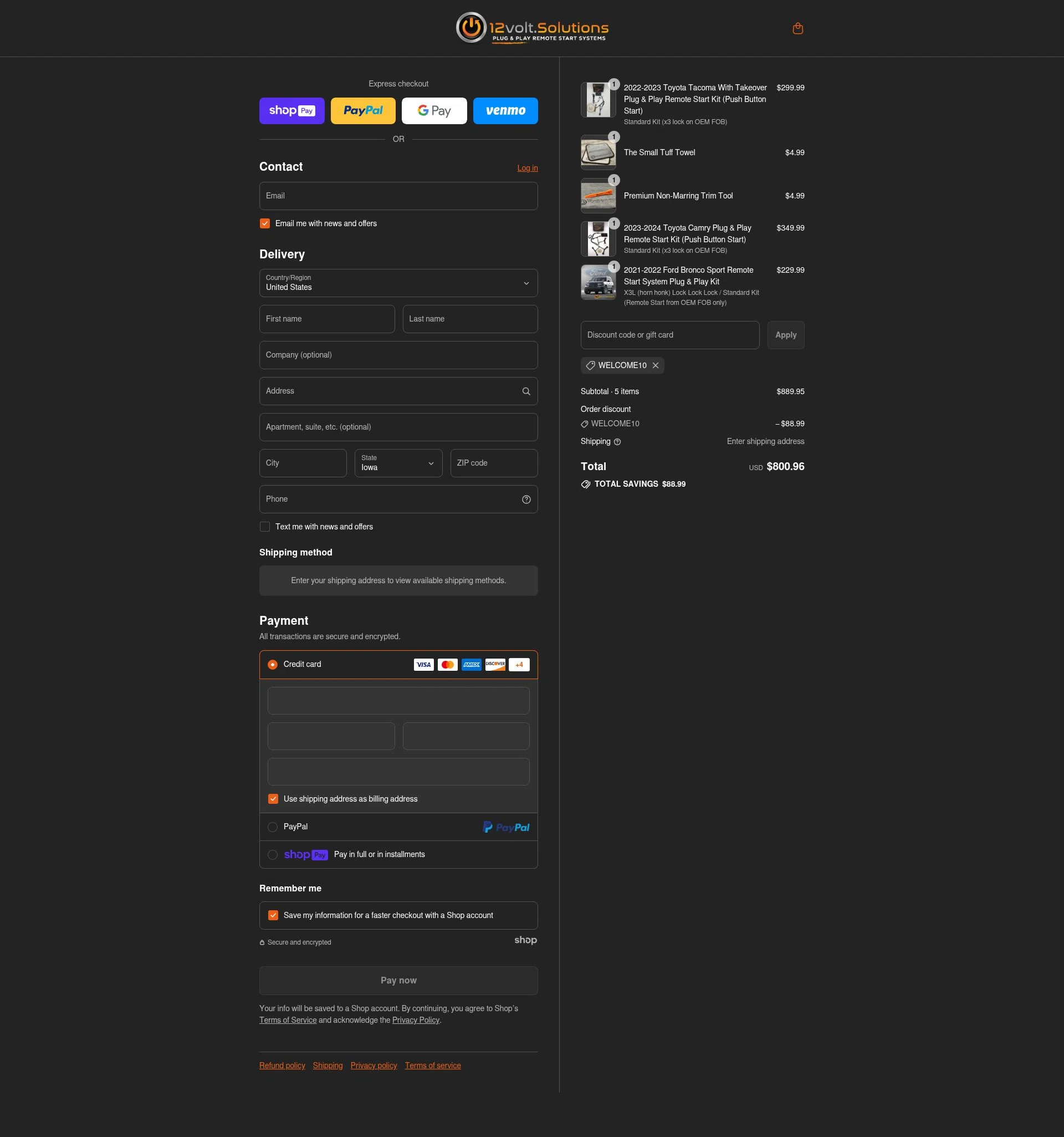 12Volt.Solutions checkout page showing 12Volt.Solutions promo code box | Screenshot taken by SimplyCodes community member on Aug 12, 2025