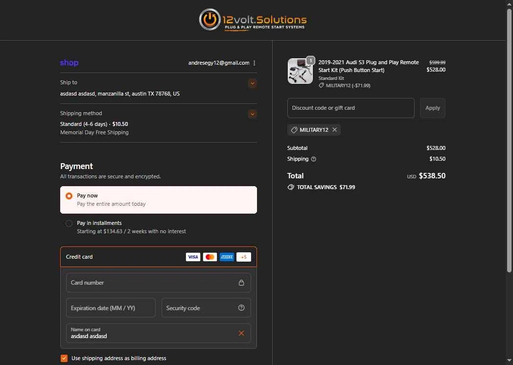 12Volt.Solutions checkout page showing 12Volt.Solutions promo code box | Screenshot taken by SimplyCodes community member on Nov 4, 2025