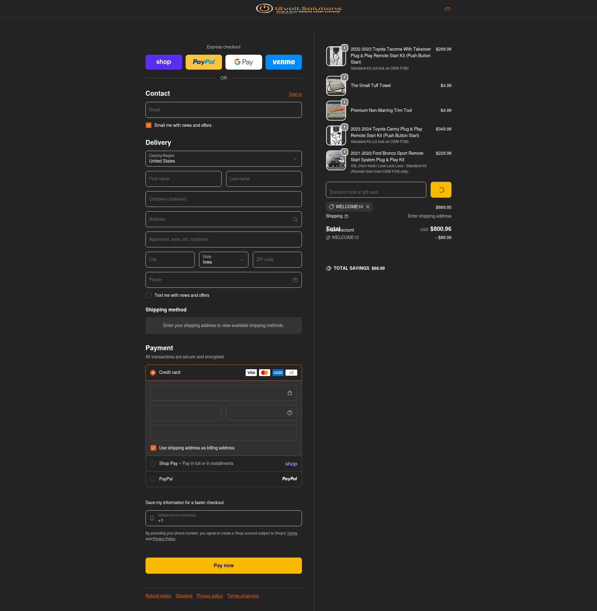 12Volt.Solutions checkout page showing 12Volt.Solutions promo code box | Screenshot taken by SimplyCodes community member on Feb 16, 2026