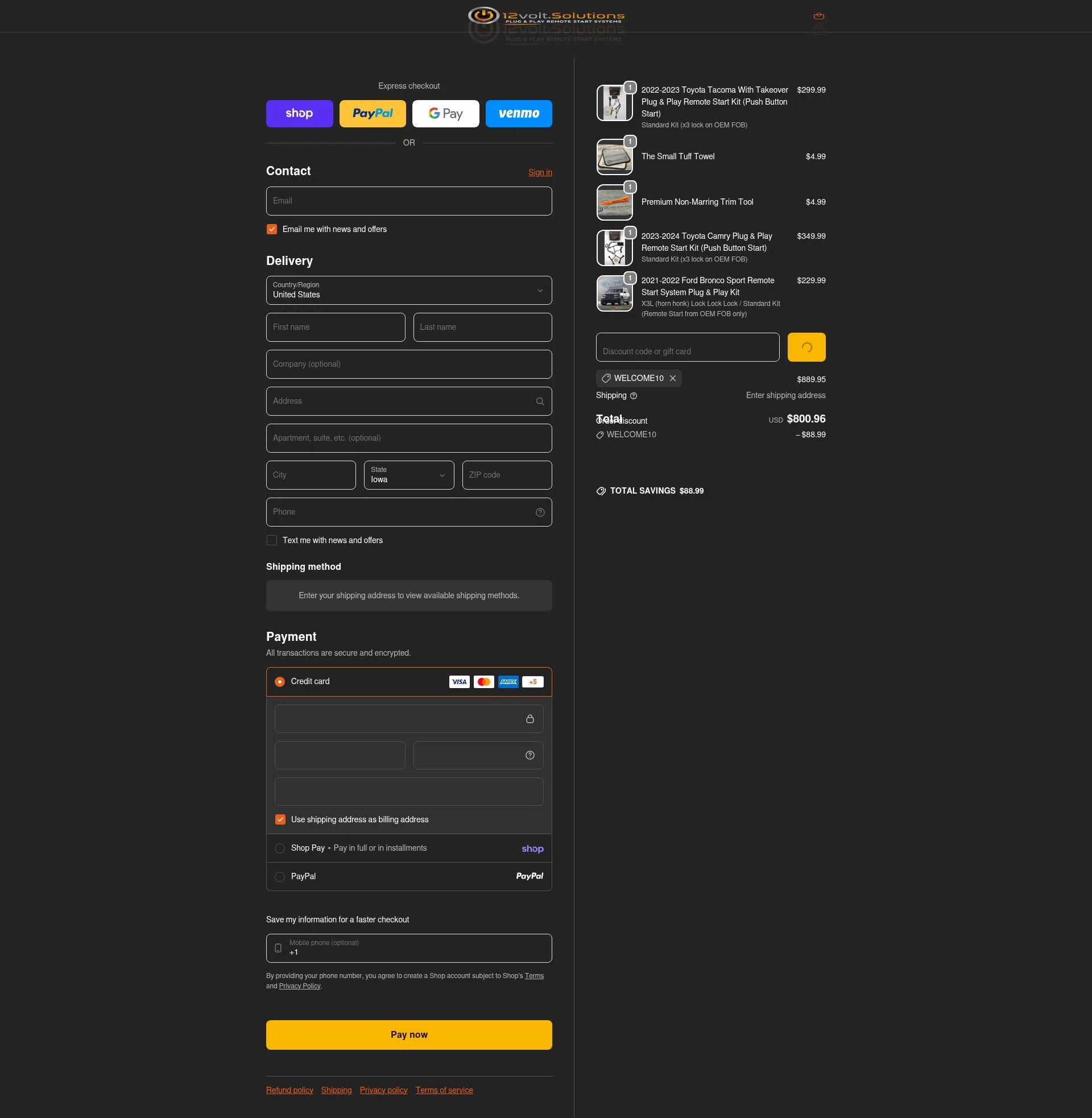 12Volt.Solutions checkout page showing 12Volt.Solutions promo code box | Screenshot taken by SimplyCodes community member on Feb 20, 2026