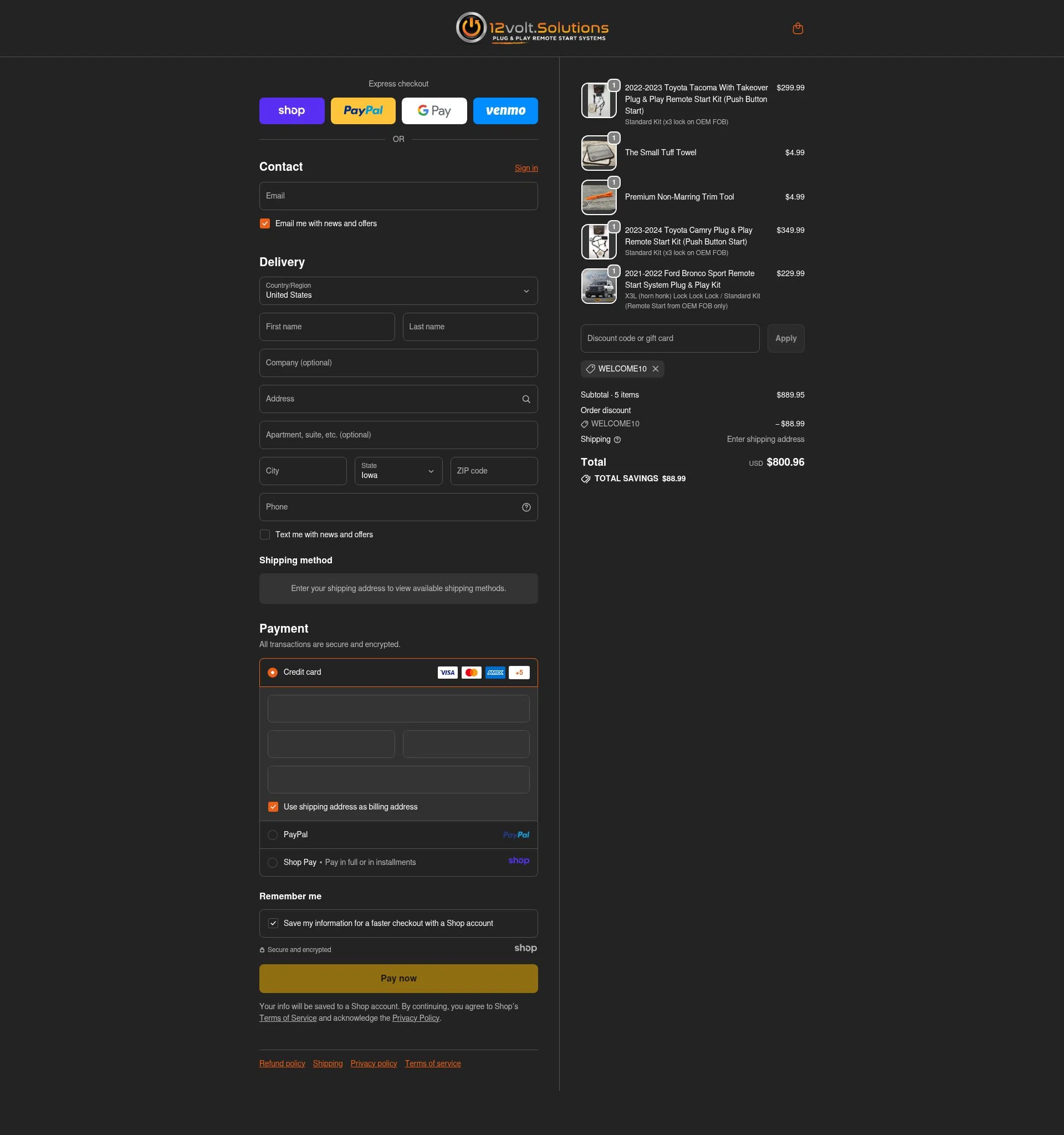 12Volt.Solutions checkout page showing 12Volt.Solutions promo code box | Screenshot taken by SimplyCodes community member on Nov 12, 2025