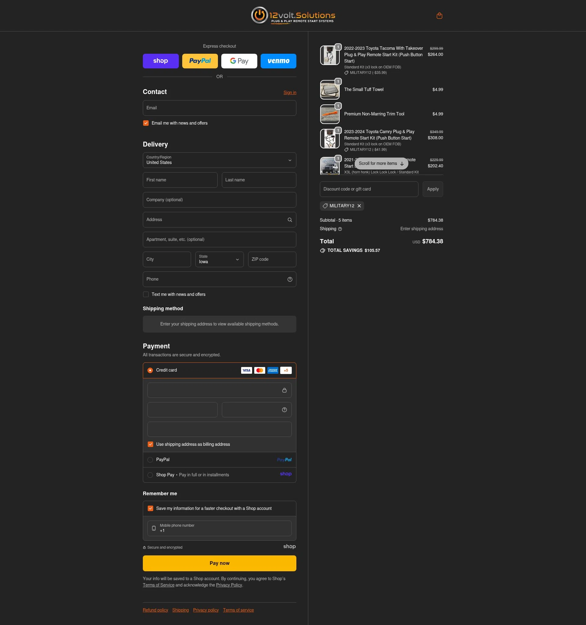 12Volt.Solutions checkout page showing 12Volt.Solutions promo code box | Screenshot taken by SimplyCodes community member on Nov 12, 2025