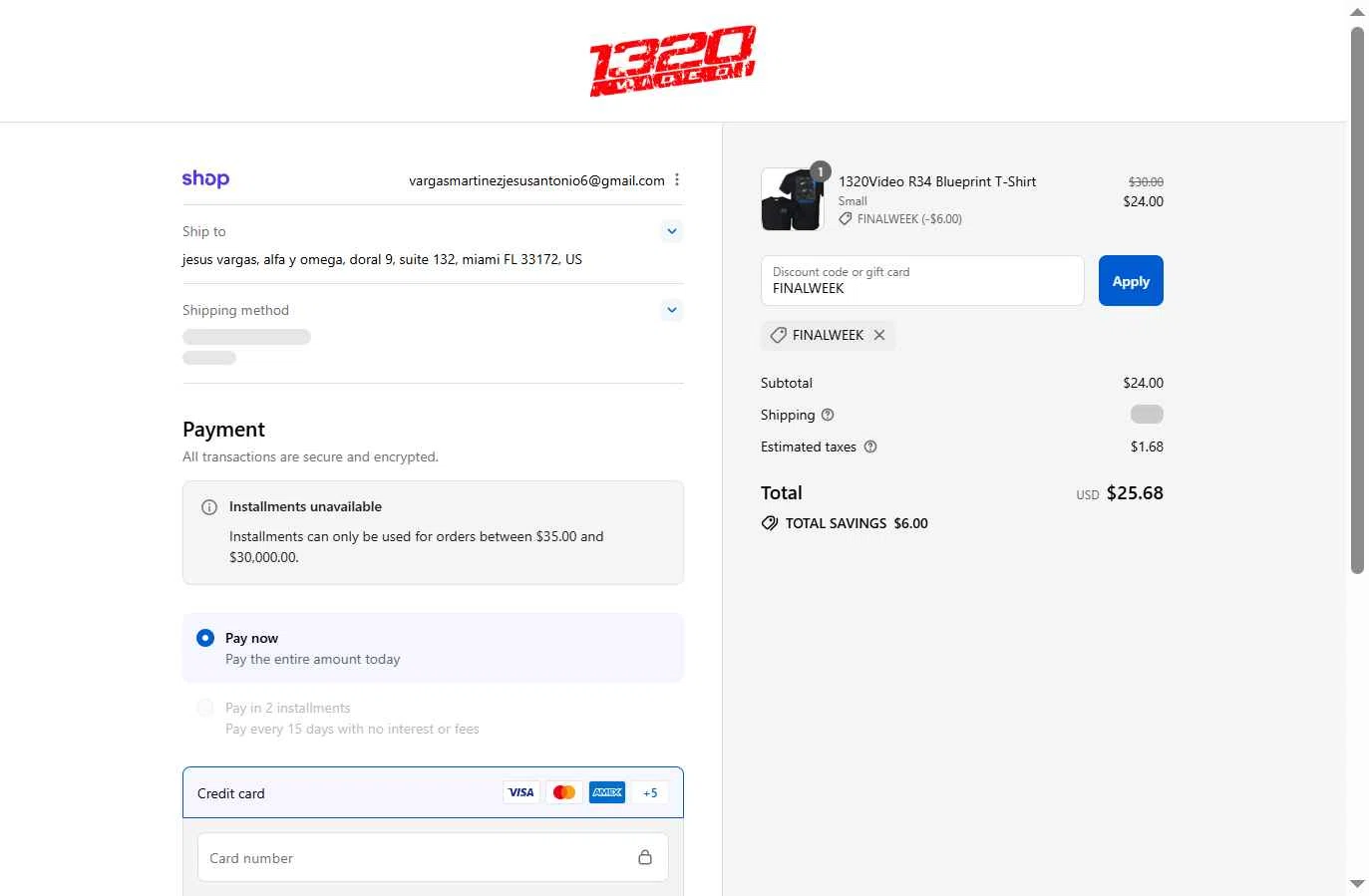 1320Video checkout page showing 1320Video coupon code box | Screenshot taken by SimplyCodes community member on Sep 12, 2025